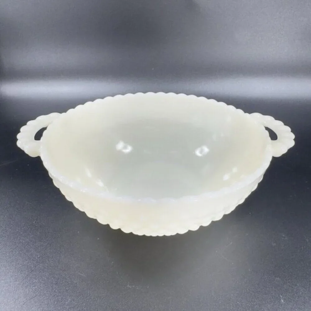 Anchor Hocking French Ivory Hobnail Bowl Dish With Handles‎ Glass Set 2 Vintage